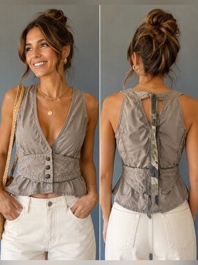 Puli Jels Basic House Gray Peplum Vest Top Size 90 Y2K Utility Military Cotton